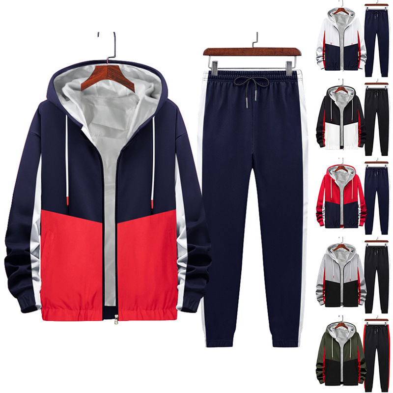 

Fashion Spring Spliced Tracksuits For Men Long Sleeve Cardigan Zipper Hooded Jackets And Casual Sports Pants Loose 2 Piece Sets 22144, Gray + black