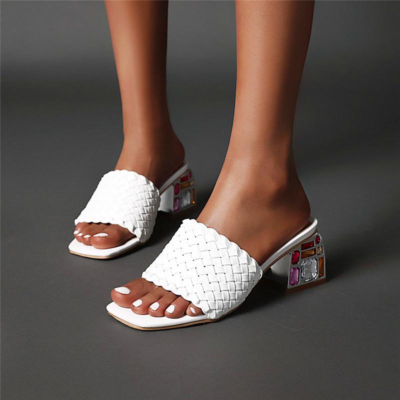 

Slippers Womens Trendy Summer Peep Toe Weave Diamante Mid Heels Shoes C112, White