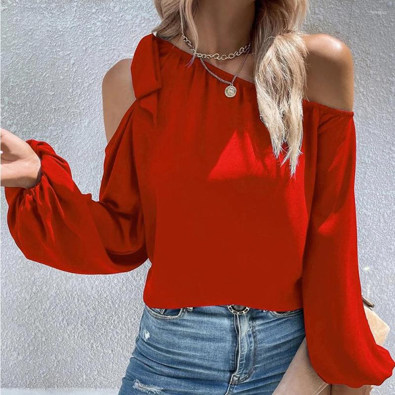 

Women' Polos Women' Off Shoulder Tops Casual Long Sleeve Asymmetrical Neck Blouse Bow Self-tie Cold Sholder Shirts AM5018, Red