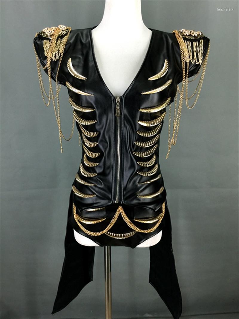 

Stage Wear Stars Heavy Metal Chain High-grade PU Leather Suit Singer DJ Costumes Crystal Costume DJRave Festival Clothing 2023, Black