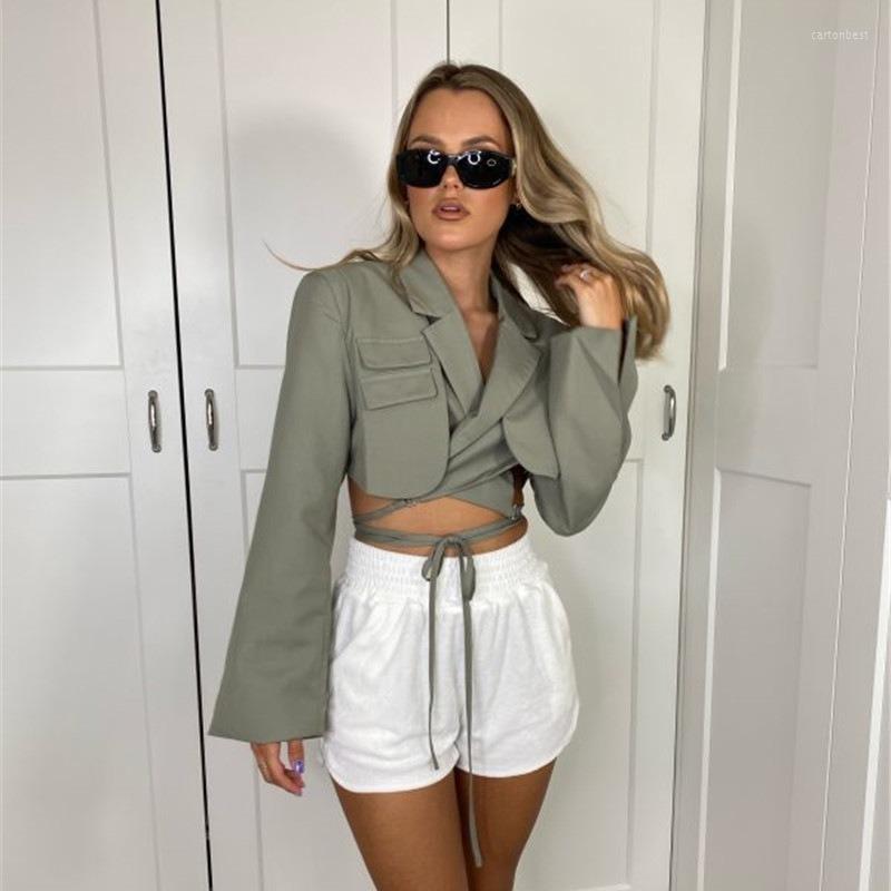

Women' Suits Blazers Women Indie Sexy Short Crop Top Solid Colors Buttonless Bandage Cottagecore Suit 2023 Spring Autumn Fashion Blazer, Black