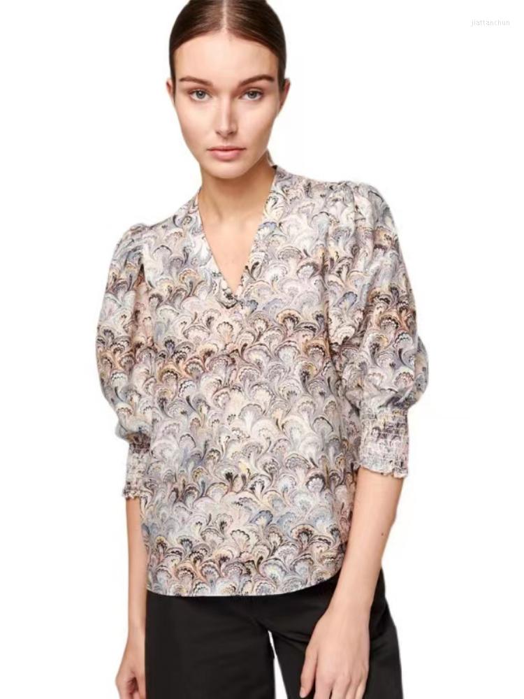

Women' Blouses Women Shirt 2023 Spring And Summer Floral Print Puff Sleeve V-neck Half-sleeve Pullover Top Casual, Mixed