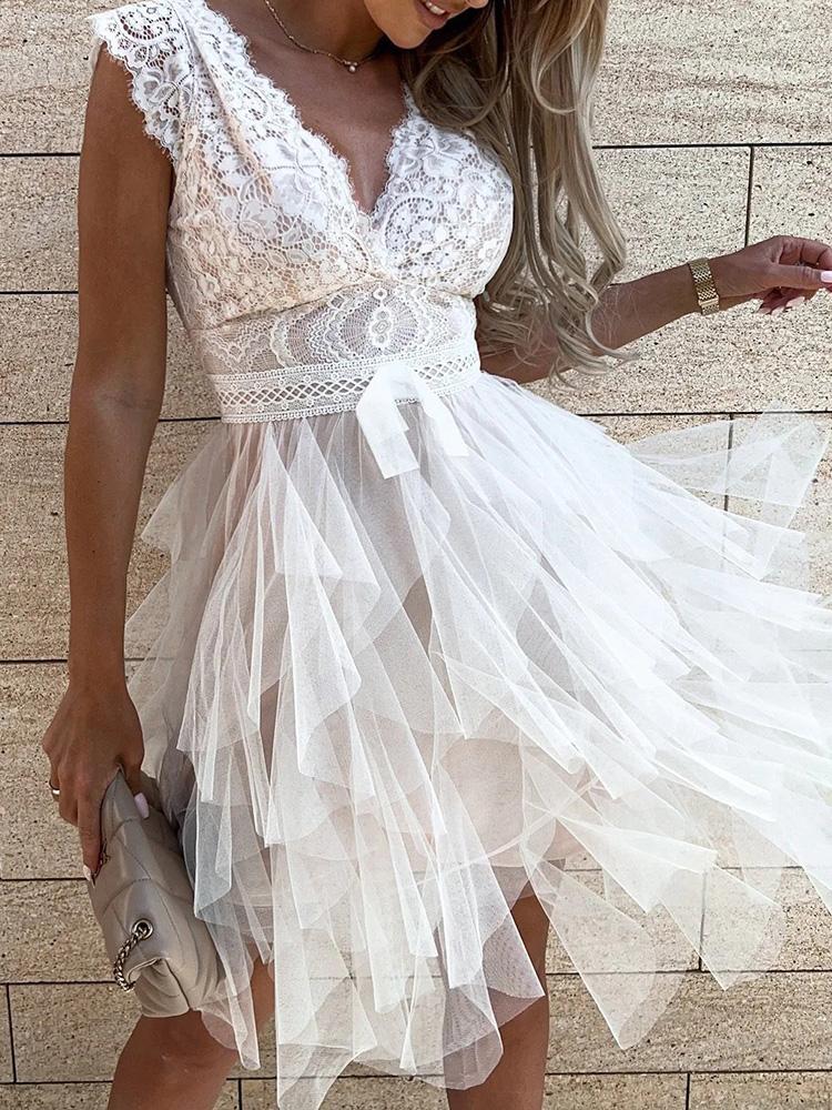 

Casual Dresses Lace Patchwork Asymmetrical Black Dress Femme Sexy Sleeveless Slim Fit Party Solid Summer Backless V Neck Hollow Out, 03 pink