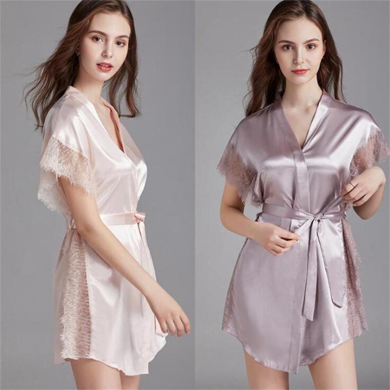 

Women' Sleepwear Kimono Gown Women Lace Nightdress Satin Silky Intimate Lingerie Bathrobe Sexy Home Clothes Nightgown Nightwear Robe, Yt-wp1759-pink