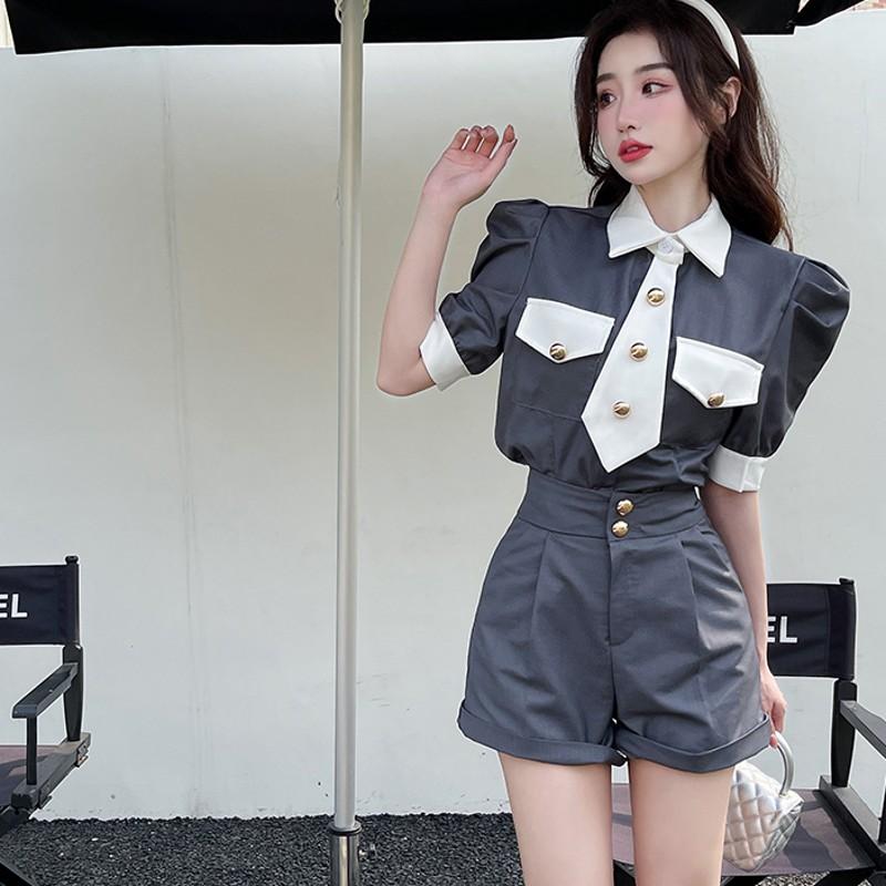 

Women's Tracksuits Spring Women Puff Sleeve Contrast Color Tie Cropped Suit Tops Wide Leg Shorts Fashion SuitWomen's, Picture shown