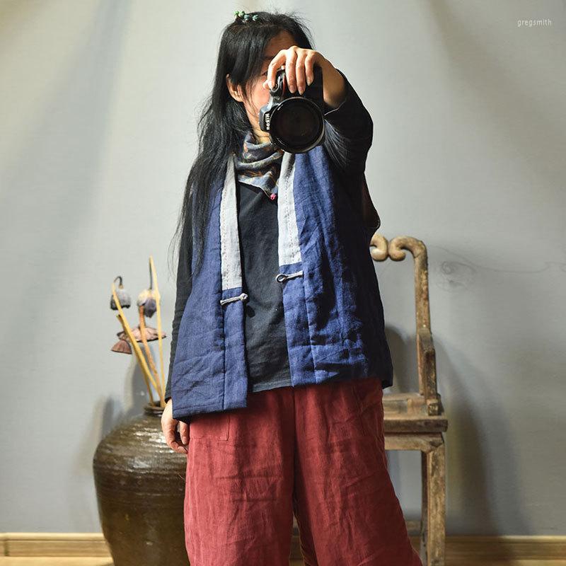 

Women's Vests Original Cotton Linen Women Vest 2023 Winter Contrast Color Sleeveless Warm Cardigan Vintage Casual Coat YoYiKamomo, Navy blue