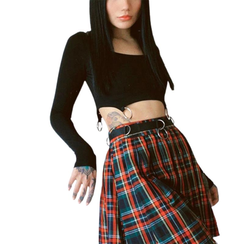 

Women' T Shirts Sexy Women Solid Crop T- Tops With Rings Female Fashion Long Sleeve Autumn Spring Slim Tee Top Club Party Streetwear, Black