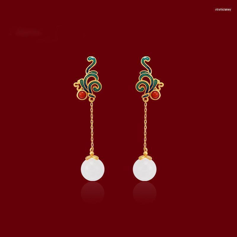 

Dangle Earrings & Chandelier Chinese Style Enamel Color Elegant Female Charm Carnelian An White Jade Stone Long Tassels Earring Vintage