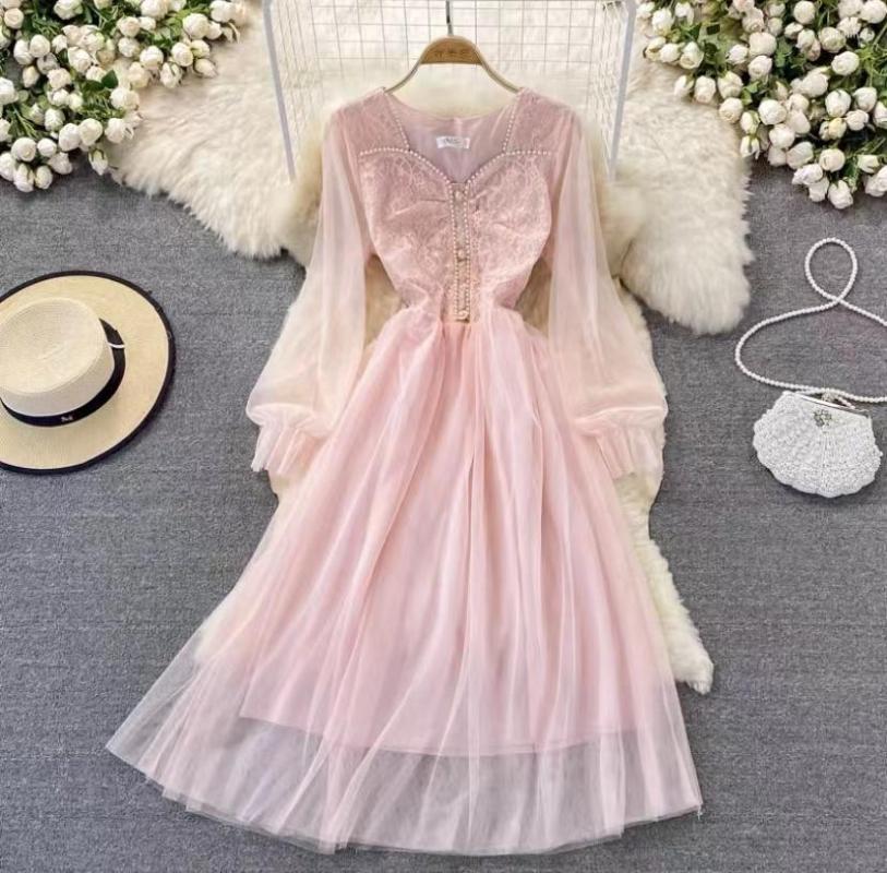 

Casual Dresses Autumn Mesh Sweet Dress Women Gentle Wind Fairy Lantern Sleeves Square Neck Lace Button Elegant Waist Slim Long, Black