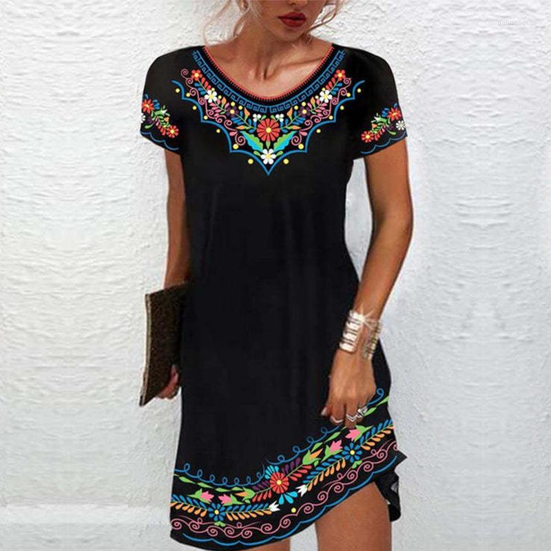 

Casual Dresses 2023 Summer Short-sleeved Mid-length Printed Dress Retro Ethnic V-neck Pullover A-Line For Women Vestidos De Mujer