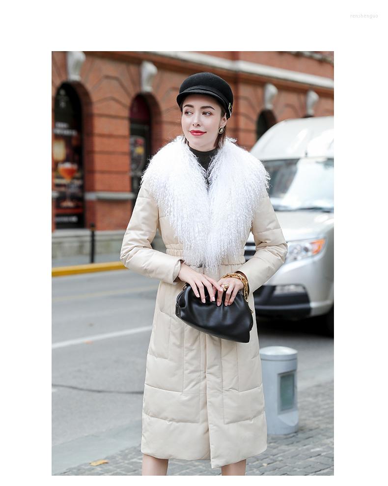

Women' Leather 2023 Winter Genuine Jacket Women Wool Fur Collar Long Sheepskin Coat Female Korean 90% White Duck Down Jackets, Black