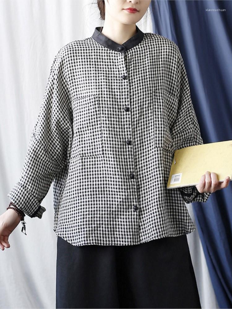 

Women's Blouses Johnature Women Plaid Vintage Shirts And Tops Loose Long Sleeve Stand Linen Spring 2023 Pockets Soft Casual