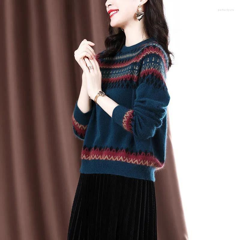 

Women' Sweaters Vintage Korean Simple Printed Knitted Sweater Women Autumn Winter Casual Street O Neck Long Sleeve Pullover Top Female, Navy blue