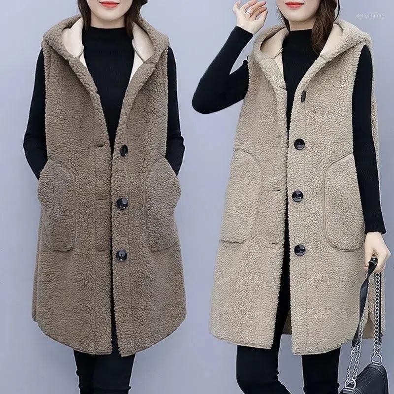 

Women's Vests Lamb Wool Hooded Vest Jacket Women Clothing Autumn Winter Loose Sleeveless Single-Breasted Pocket Chaleco Mujer Casual, Red wine