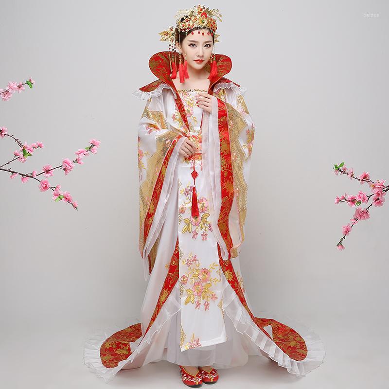 

Stage Wear Chinese Traditional Folk Ancient Hanfu Tang Dynasty Queen Tailing Costume Guzheng Show Clothing Women Pography, White