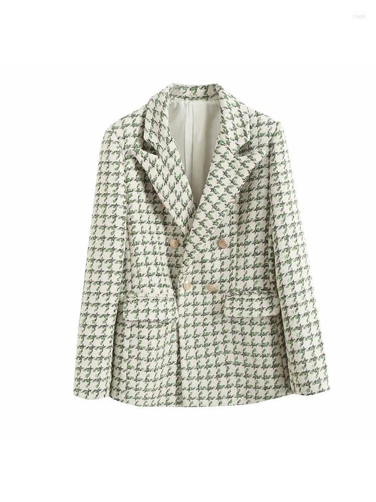 

Women's Suits Nlzgmsj Women Jacket Autumn Double Breasted Tweed Check Blazer Coat Vintage Long Sleeve Pockets Female Outerwear F90