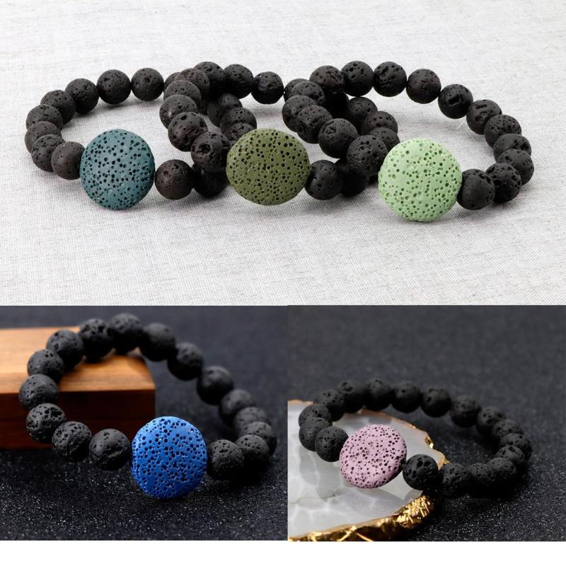 

Strand Flat Round Colorful Lava Stone Bracelet DIY Essential Oil Perfume Diffuser Black Beads Friendship Bracelets Women Men Jewelry