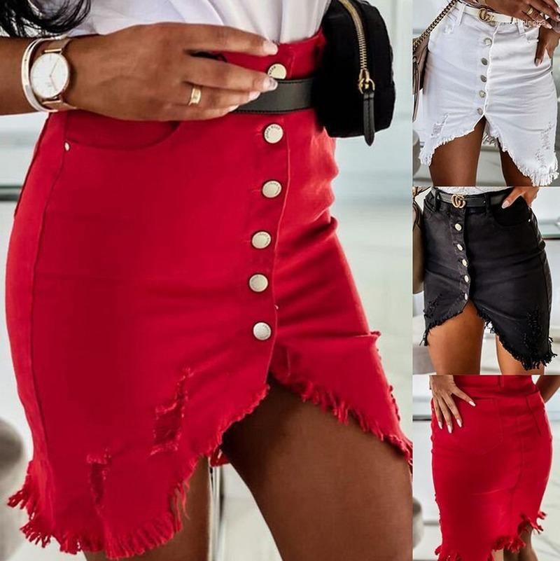 

Skirts Women Summer High Waist Package Hips Tight Red White Jean Skirt Oversize Single-Breasted Solid Color Stretch Denim, Black