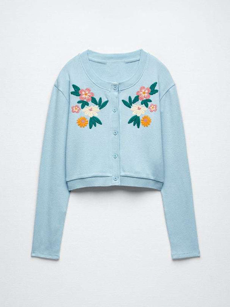 

Women' Jackets Zach AiIsa 2023 Sweet Retro Flower Embroidery Round Neck All-match Long-sleeved Casual Short Knitted JacketWomen, Blue