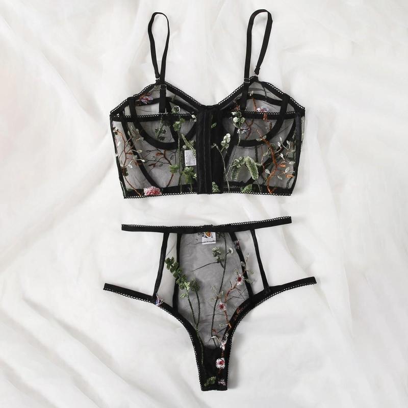 

Bras Sets Sexy Lingerie Flower Embroidery For Women Naughty Plus Size G-string Thong Underwear Sleepwear Lenceria Para Damas, Black