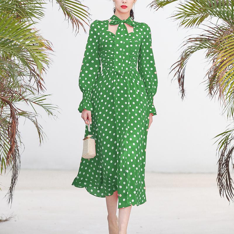 

Casual Dresses LINDA DELLA 2023 Fashion Designer Women Summer Models Temperament Green V-neck Bow Lantern Sleeve Polka Dot Slim