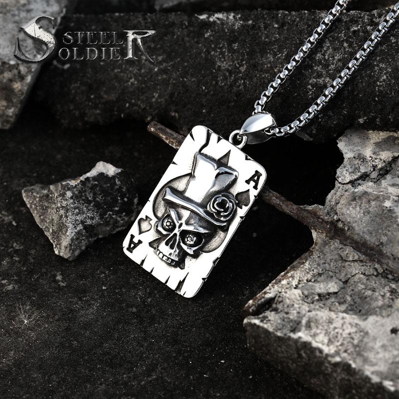 

Pendant Necklaces Steel Soldier Stainless Spades Skull Chain Necklace Men Titanium Jewelry