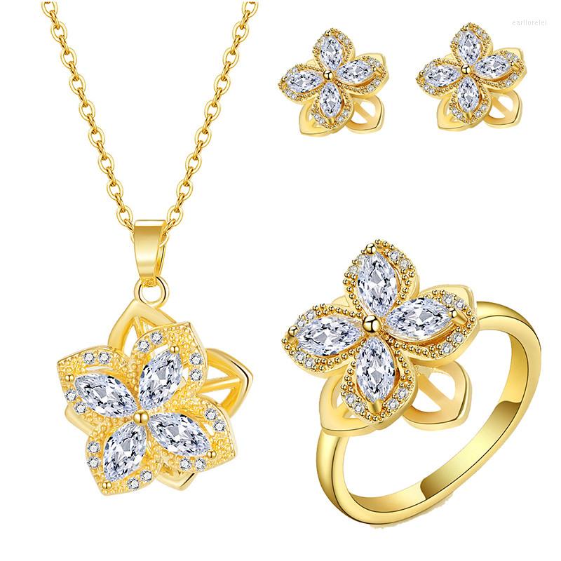 

Necklace Earrings Set Stainless Steel Chain Rotatable Flower Stud Ring Trend Micro Setting Zircon Women's Wedding Jewelry, Picture shown