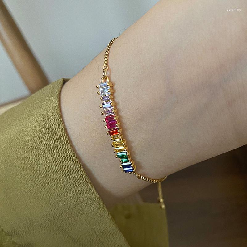 

Charm Bracelets Unique Design Rainbow Bar Bracelet For Women Adjust Size Colorful CZ Chain Link Fashion Jewelry