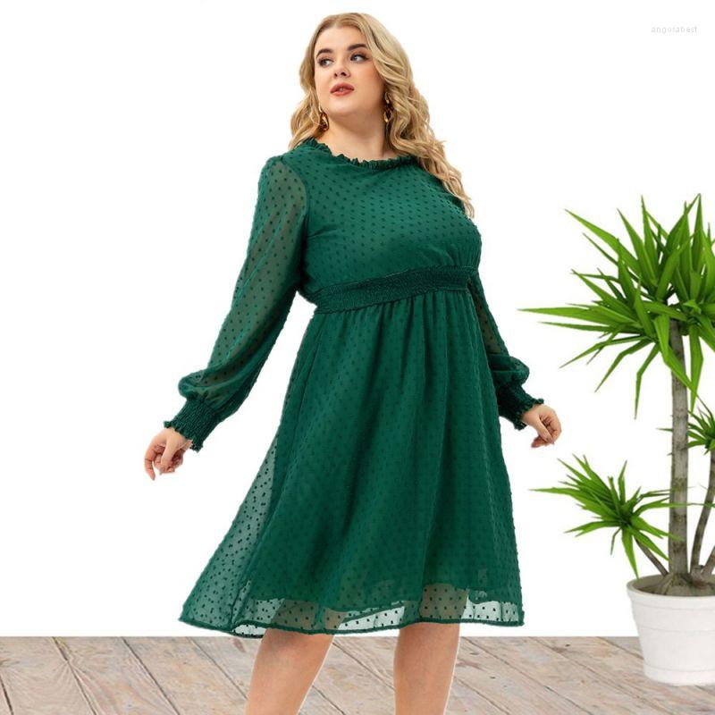 

Plus Size Dresses Long Sleeve Midi Dress For Women Fall 2023 Elegant Dot Print O Neck Empire Ruffle Hem Big Elastic Waist Clothes, Green