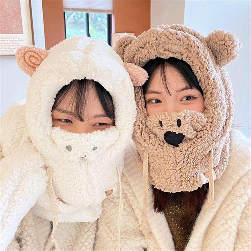 

Berets Cartoon Bear Ear Lamb Beanie Hat With Mask Warm Winter Thickened Protection Autumn Skullies Beanies For Women Girl Earflap, White