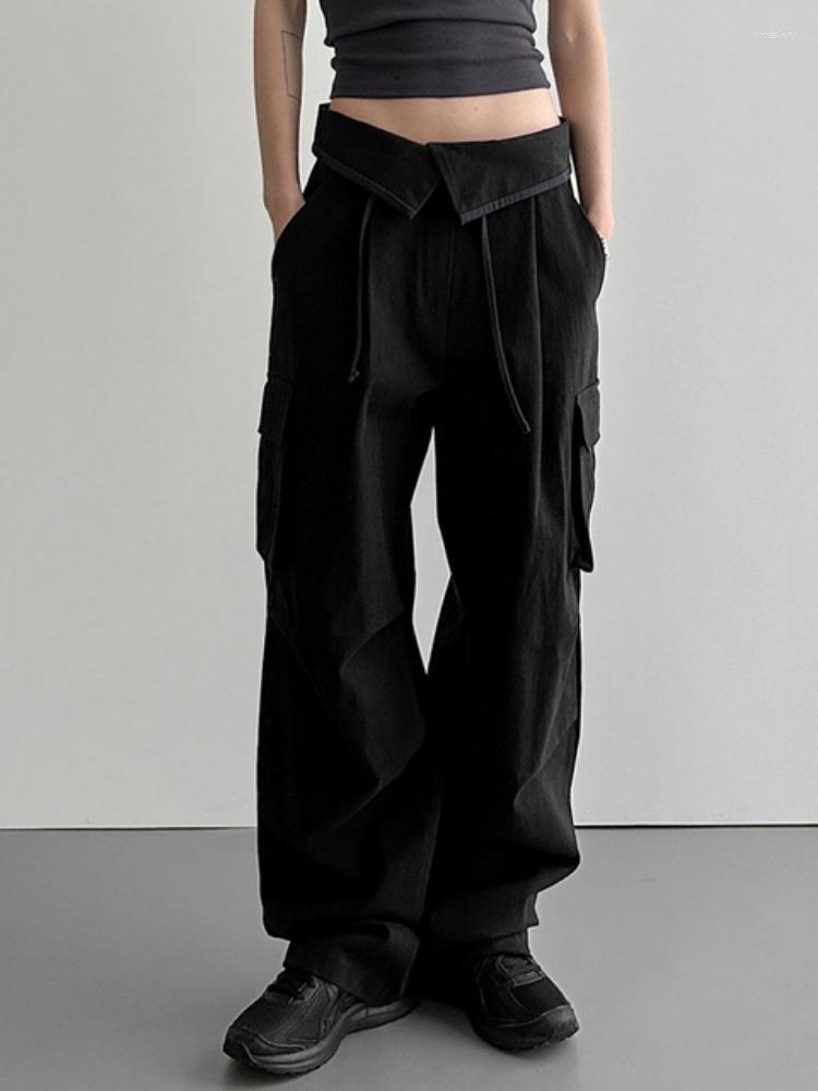 

Women' Pants WeiYao Folds High Waist Pockets Wide Leg Cargo Women Black Street Style Korean Fashion Woven Techwear Cargos Trousers