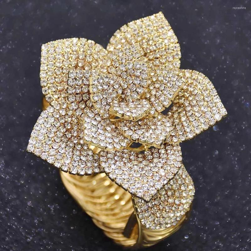 

Bangle Luxury Big Rose Flower Open Cuff Bangles For Women Bridal Crystal Rhinestone Wedding Party Jewelry Valentine's Day Gift