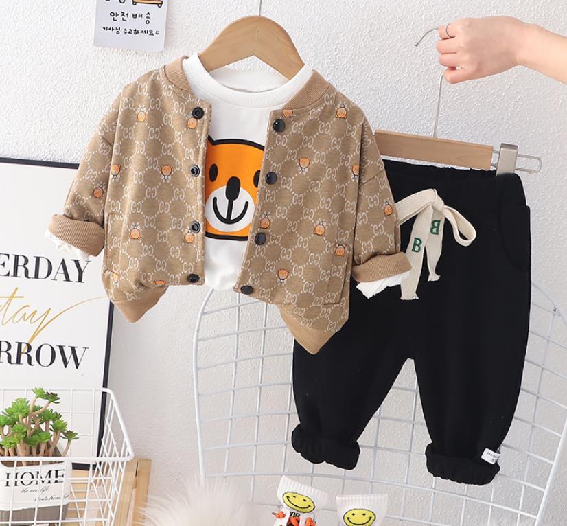 

Clothing Sets Luxury Designer Children Infant Baby Clothes Boy Full Print Letter Animal Jacket Cartoon Shirts Pants 3pcs Kids Outfits, Gray
