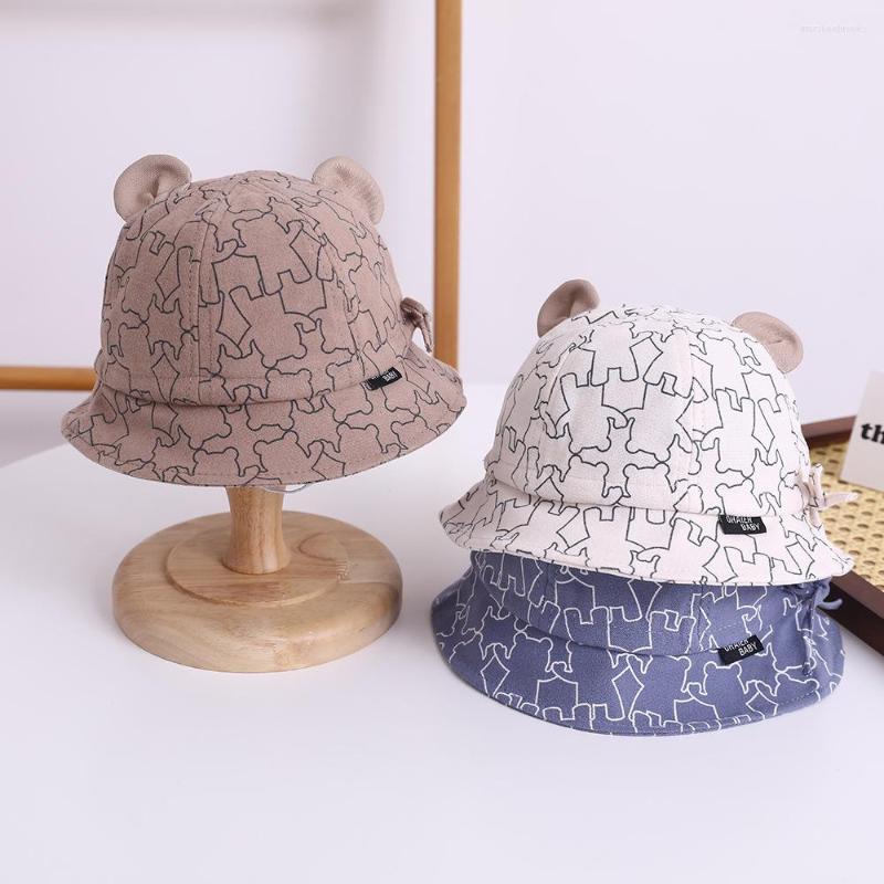 

Berets Baby Bucket Hat Spring Boys Girls Sunshade Cute Cartoon Bear Print Outdoor Summer Kids Fishing Cap For 3-12M, Beige