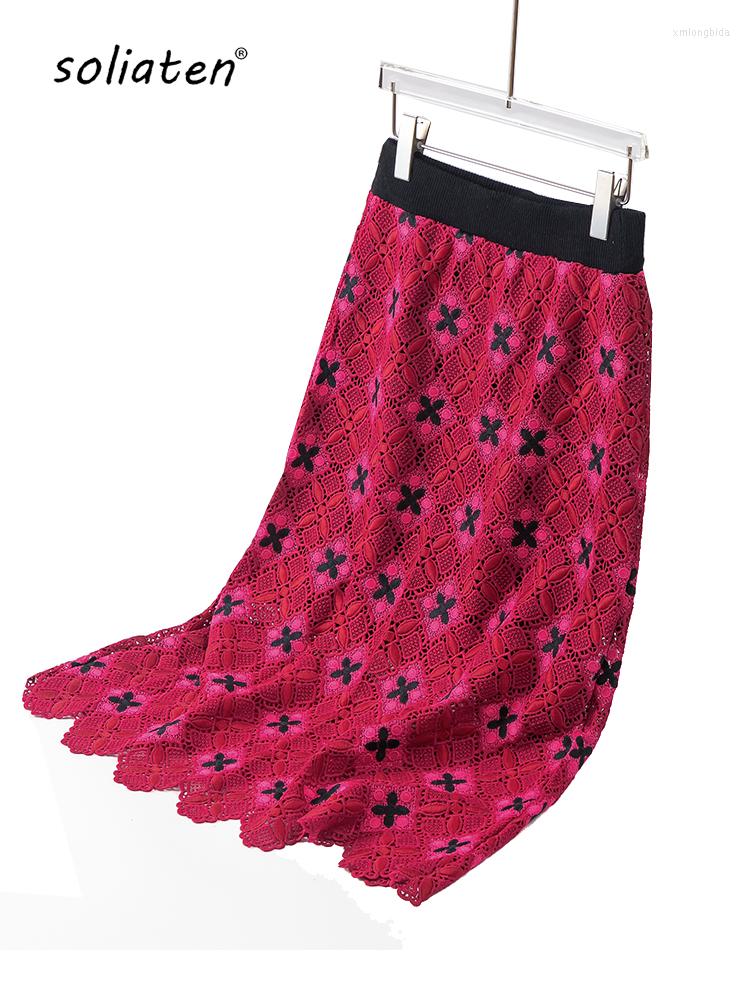 

Skirts Est Embroidered Retro Fall Winter Knitted Women Skirt Mid-Length Elastic High Waist Lace Party Evening Cloting C-206, Red