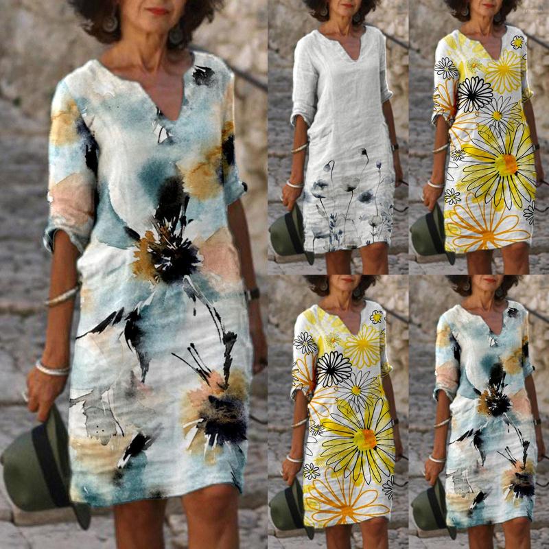 

Casual Dresses Women Fashion Simple V Neck Mid Length Sleeve Vintage Floral Print Dress, Blue