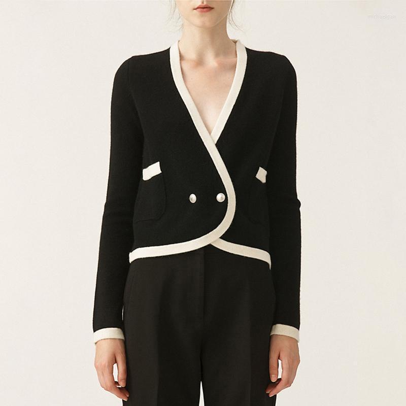 

Women's Knits & Tees Women Contrast Color Cardigan Adults Slim-fit Long Sleeve V-neck Knitwear With Pockets Mich22, Black