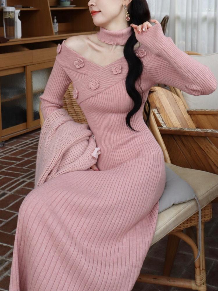 

Casual Dresses Pink Korean Style Elegant Dress Women French Vintage Evening Party Midi Female Long Sleeve Bodycon Sweet Autumn 2023