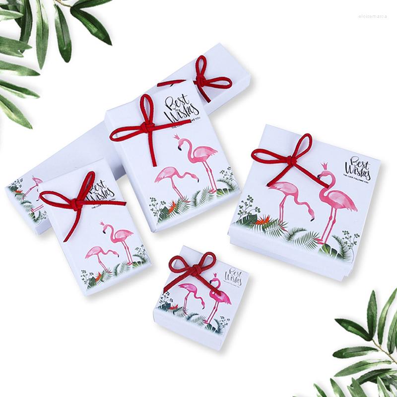 

Jewelry Pouches Pink Blue White Paper Storage Boxes With Bow Ribbon Gift Packaging Flamingo Print Wedding