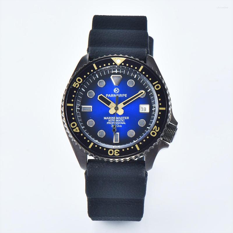 

Wristwatches PARNSRPE SK007 Series Men's Watch NH35 Caliber Blue Dial With Date Indicator Steel Case Rubber Strap Sports Mechanical, Picture shown