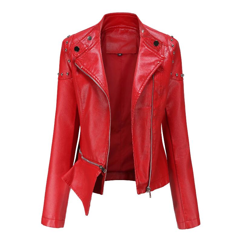 

Women' Jackets Women Solid Zipper Long Sleeve Snap Patchwork Jacket Short Punk CoatWomen, Red