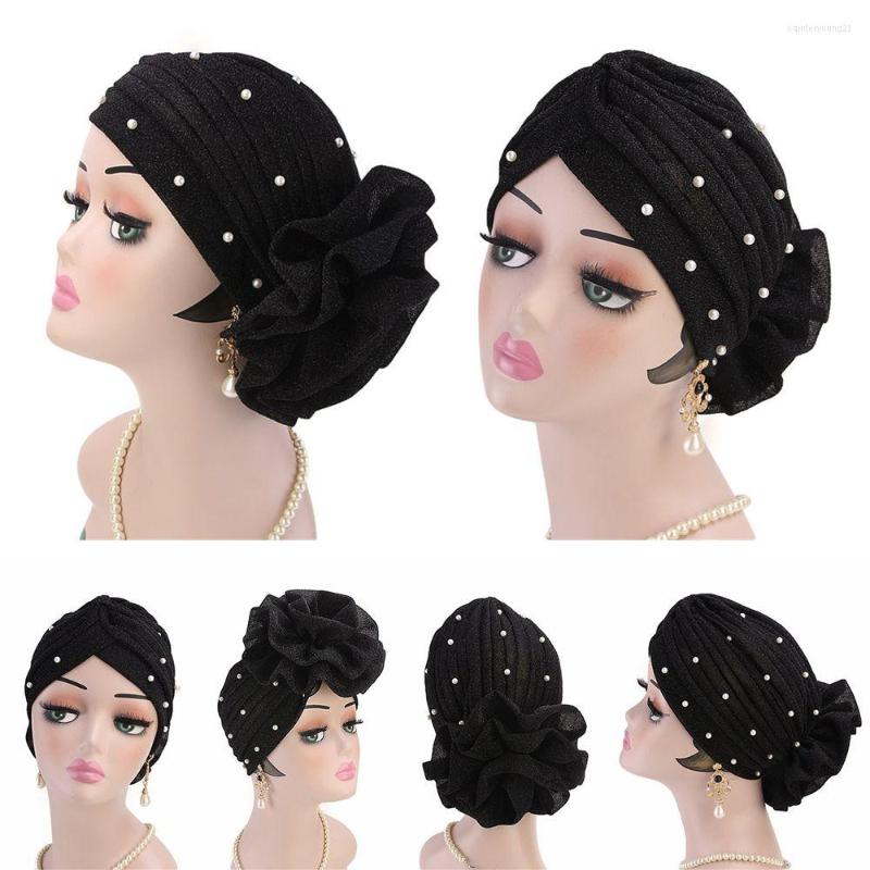 

Ethnic Clothing Ladies Hair Loss Hijab Cap Head Scarf Pearls Turban Big Flower Muslim Hat Women Cancer Chemo