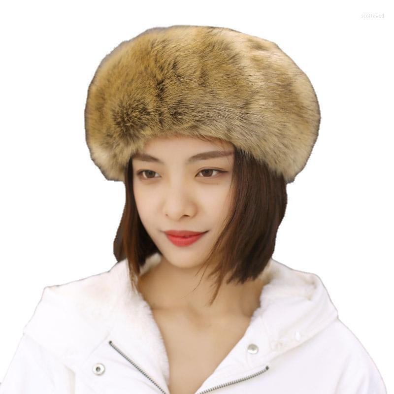 

Berets Faux Fur Winter Headbands For Women Elastic Furry Warm Thick Earmuff Men Russian Hats Snow Ski Hat Cap 2 In 1, Black fox