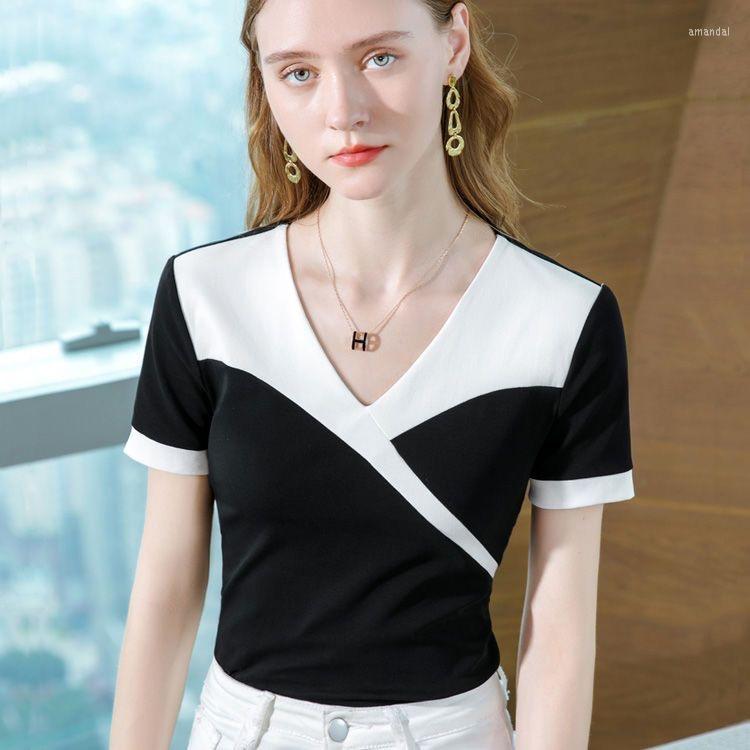 

Women' T Shirts Woman' Clothing Spring Summer Style Basic T-Shirts Tops Lady Slim Short Sleeve Patchwork Slash Neck Sheath SS059, Black