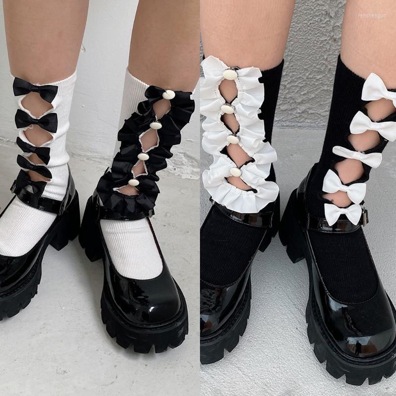 

Women Socks Lolita Crew Hollow Out Asymmetrical Bowknot Black White Girl Hosiery
