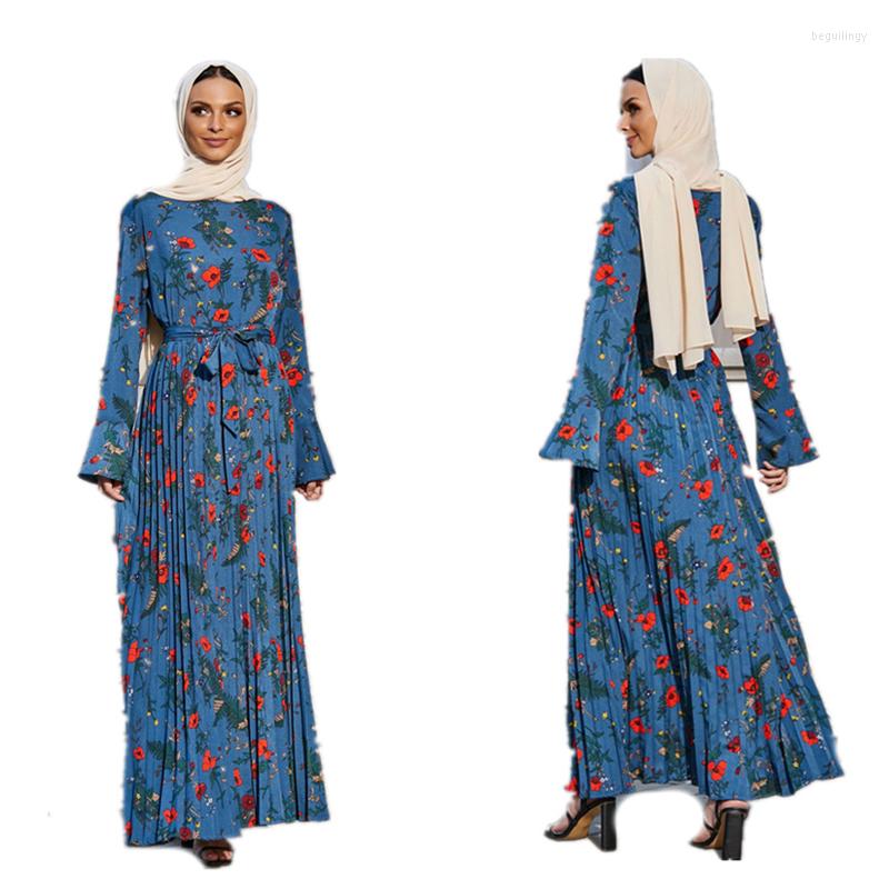 

Ethnic Clothing Muslim Fashion Dubai Abaya Women Floral Printed Dress Pleated Skirt Loose Casual Large Swing Modest Islamic