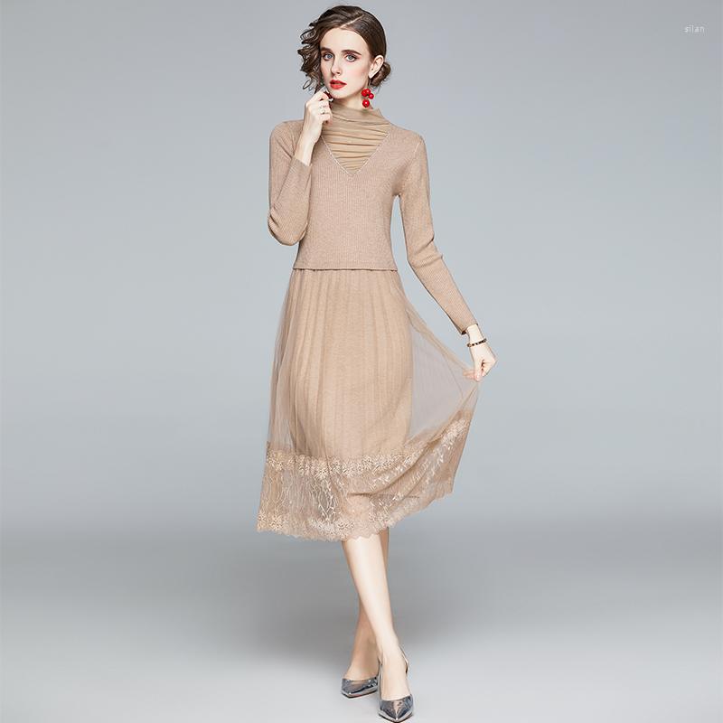 

Casual Dresses Autumn Winter Women's Dress French Commuter Solid Color Stand-up Collar Mesh Stitching Knitted Waist Female X606, Black