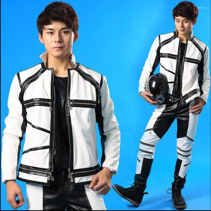 

Men' Jackets Pu Leather Men Singer Costume Right Zhilong With The Same Black And White Spliced Sets Nightclub Stage Clothing 2023, Jacket and pants