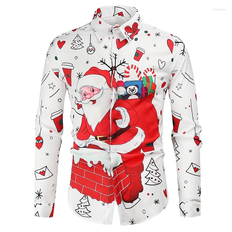 

Men's Casual Shirts Men's Christmas Shirt Santa Claus Print For Men Fashion Long-sleeved Clothing Year Streetwear Tops Blouse Camisa, G01-lz00050