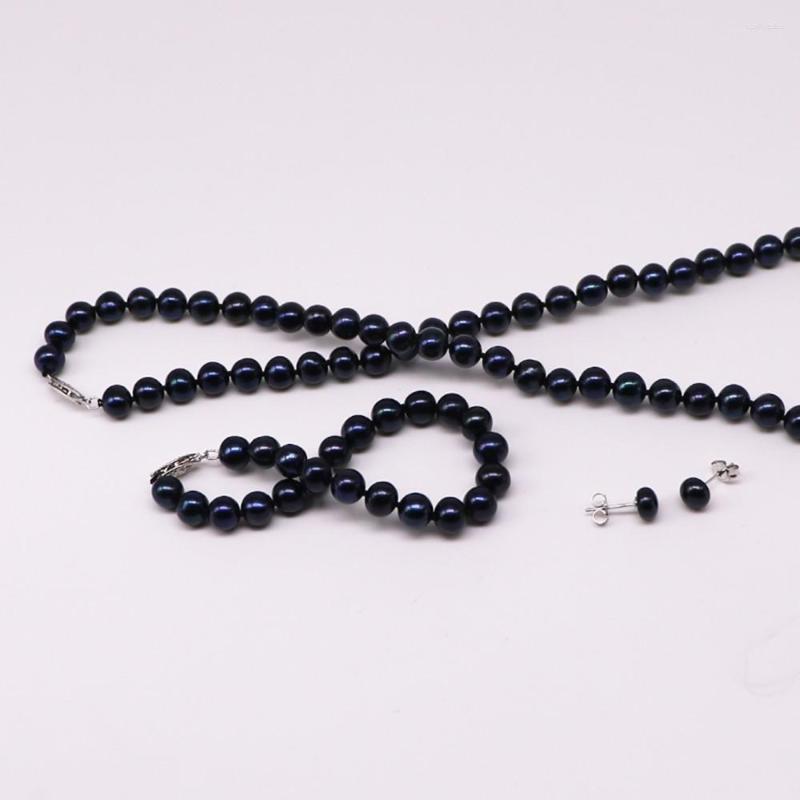 

Necklace Earrings Set Hand Knotted 6-7mm Black Freshwater Nearly Round Pearl Bracelet Earring For Women Fashion Jewelry, Picture shown